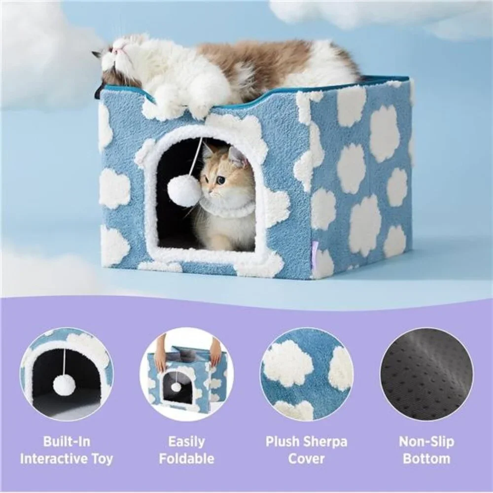 Cat Bed Indoor Cat House Large Cat Cave Foldable Kitten Hideaway with Hanging Ba